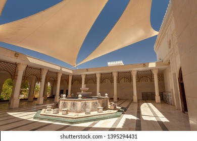 AQABA, JORDAN - AUGUST 16, 2018: Interior of Al Hussein Bin Ali Mosque in Aqaba with fountain