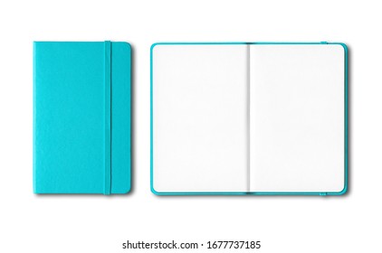 Aqua blue closed and open notebooks mockup isolated on white