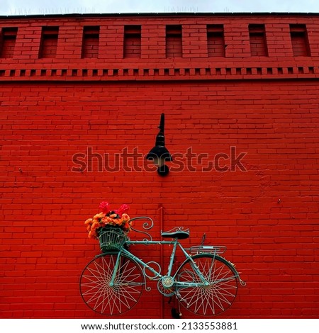 Aqua light blue shabby chic cute bicycle with a flower basket against a contrasting red brick wall with texture and charming details and a vintage black lamp above it
