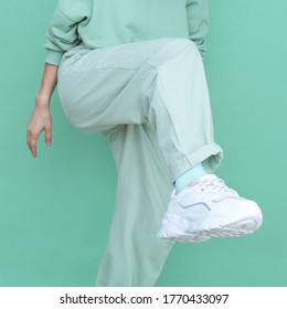 Aqua Menthe Trends. Fashion Casual Look Girl Minimal Aesthetic. Monochrome Color Design, Street Style