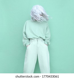 Aqua menthetrends. Fashion Casual look Girl minimal aesthetic. Monochrome color design