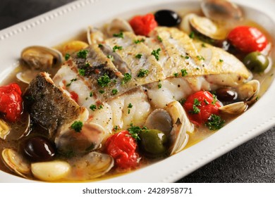 Aqua pazza made with cod, clams and garlic - Powered by Shutterstock