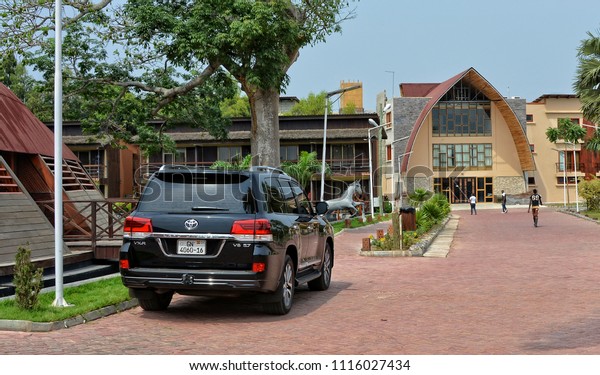 The Aqua Safari Resort.\
Infrastructure of a luxury resort. Buildings, garden, avenue.\
Travel and vacation in West Africa. Ghana, Volta, Ada – January 14,\
2017 