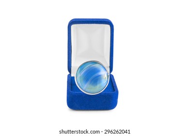 Aquamarine Ring In Blue Jewel Box On White Background