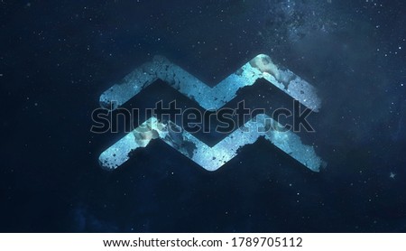 Aquarius zodiac sign in starry sky. Stars and galaxy on background. Set of astrology symbols. Space photo collage with horoscope