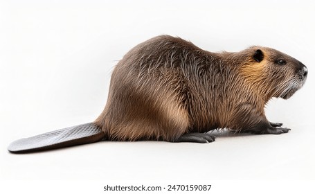 aquatic mammal animal concept isolated on white background of a Beaver - Castor canadensis - large rodent found in North America, with copy space