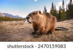 aquatic mammal animal concept with water and trees background of a Beaver - Castor canadensis - large rodent found in North America