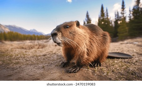 aquatic mammal animal concept with water and trees background of a Beaver - Castor canadensis - large rodent found in North America