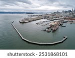 Aquatic Park Pier , Cove and Municipal Pier in San Francisco. Maritime National Historic Park in Background. Cityscape of San Francisco. California.