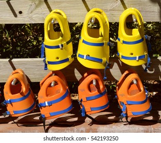 Aquatica water park, Orlando, Florida, USA - October 23, 2016: Life jackets for use in the adventure play area in Aquatica water park