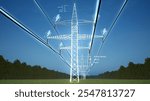 AR data information about electrical grid interconnected network used for electricity delivery, day night cycle timelapse. Industrial energy transmission tower, 3D render animation
