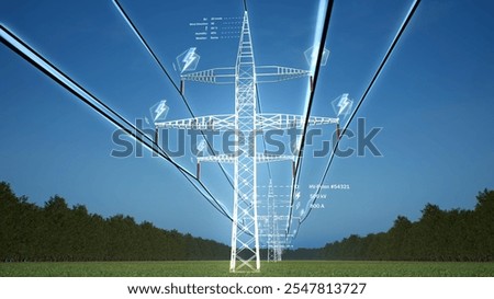 AR data information about electrical grid interconnected network used for electricity delivery, day night cycle timelapse. Industrial energy transmission tower, 3D render animation