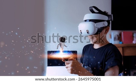 AR Mobile STEM Technology With Computer And Phone, Education For Child And Kid, Communication Innovation With Robot Science, Future Game Learning, Digital Classroom, Interactive Study, Back To School