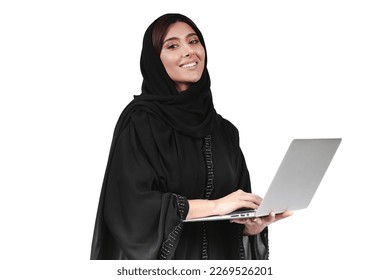 Arab abaya woman using laptop. Arabian muslim businesswoman working. - Shutterstock ID 2269526201