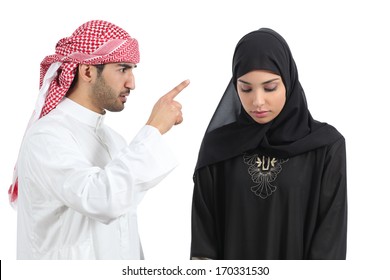 Arab Couple With A Man Arguing To His Wife Isolated On A White Background           