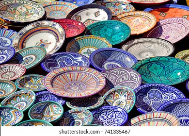 Arab craftware displayed on a city market on a sunny day