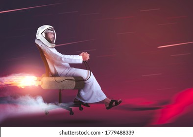 Arab Emirati Man Sitting On Chair Flying To Mars Planet, UAE To MARS, Arabic Space.