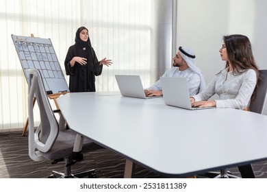 Arab employees working together as team meeting and presenting ideas women and men males and females wearing traditional and casual collaborating. Saudi or Emirati and arabian business people at work - Powered by Shutterstock