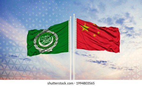 The Arab League and China flag on the flagpole and the blue sky
