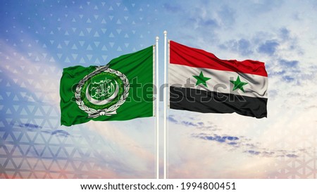 Arab League and Syria flag waving in the wind against white cloudy blue sky together. Diplomacy concept, international relations.

