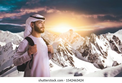 Arab Man Climbing Mountain For New Challenge - Ambition And Hopefulness Concept