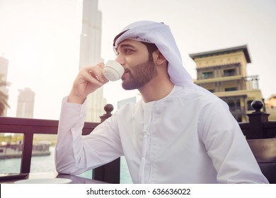 Arab Man Drink Coffee In Coffee Shop In Dubai