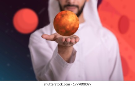 Arab Man Holding Mars Planet On His Hand, Arab Astronomy, UAE To MARS Concept