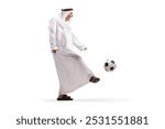 Arab man kicking a football isolated on white background