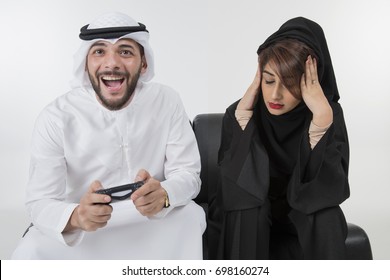 Arab Man Is Playing Playstation Computer Game Woman Girlfriend Is Angry For Him