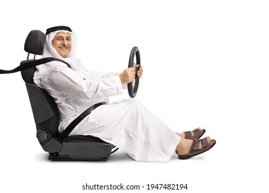 Arab Man With A Seatbelt Holding The Steering Wheel And Smiling Isolated On White Background