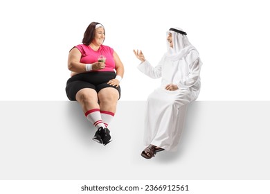 Arab man sitting on a panel and talking to a plus size woman in sportswear isolated on white background - Powered by Shutterstock