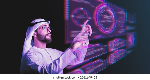 Arab man using hologram, Futuristic user interface concept. Graphical User Interface(GUI). Head up Display(HUD). Internet of things. - Shutterstock ID 2061649403