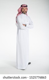 Arab middle eastern Saudi man in traditional formal thobe and Shimagh, on white isolated background, with different expressions, hand gestures and poses, studio lighting ready for cutout and editing.
