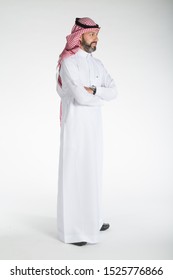 Arab middle eastern Saudi man in traditional formal thobe and Shimagh, on white isolated background, with different expressions, hand gestures and poses, studio lighting ready for cutout and editing.