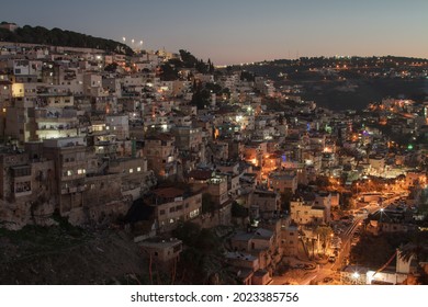 Arab Neighborhoods In Jerusalem At Night. Gehenna Valley