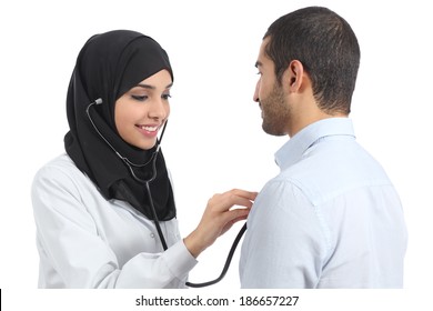 Arab saudi doctor woman examining patient isolated on a white background          