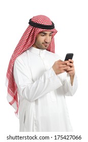 Arab Saudi Emirates Man Busy Using A Smart Phone Isolated On A White Background              