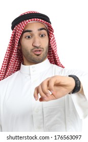 Arab Saudi Emirates Man Looking His Watch Too Late Isolated On A White Background              