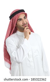 Arab Saudi Emirates Man Thinking And Looking Sideways Isolated On A White Background               