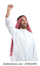 Arab Saudi Man Euphoric Raising Arm Isolated On A White Background             