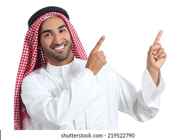 Arab Saudi Presenter Man Presenting Pointing At Side Isolated On A White Background               