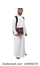 Arab Students Wearing Backpack Holding Folders And Documents, Standing On White.