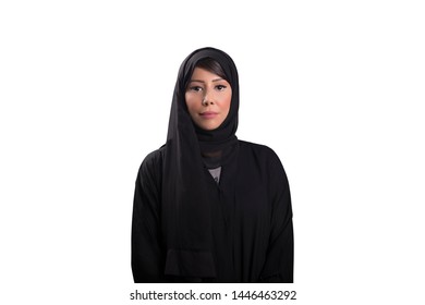 Arab Woman Wearing Abaya Standing On White Background.