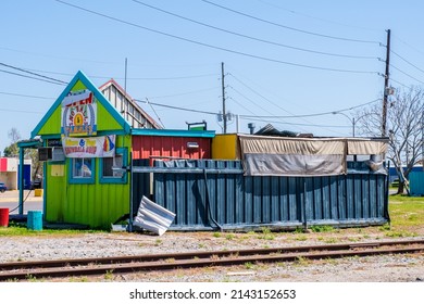 ARABI, LA, USA - MARCH 26, 2022: Mom And Pop Snowball Shop With Storm Damage From March 22, 2022 Tornado