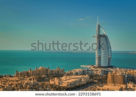 The Arabian Gulf and Dubai Burj Al Arab hotel. The picture was taken from a helicopter.
