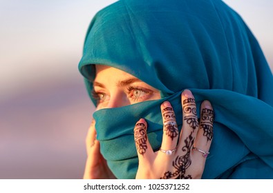 Arabian Moroccan Woman With Blue Scarf In Morocco