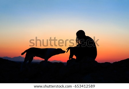 Arabian nights. Woman in black dress abaya with scarf around head and neck and a wild dog at sunset with mountains landscape and deep orange and blue sky, arabic mystic style photo session in desert
