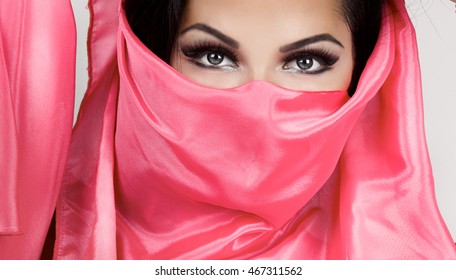 Arabian woman bellydancer with veil and wedding makeup, bright make-up indian girl isolated, sensual arabic lady muslim female, belly dance artist,  studio isolated