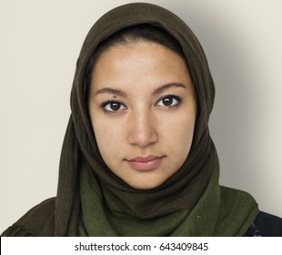 Arabian Woman Face Covered With Hijab Studio Portrait