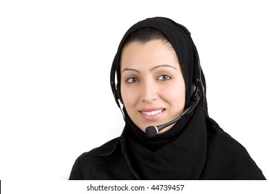 Arabic beautiful young woman with headphones with microphone on isolated white